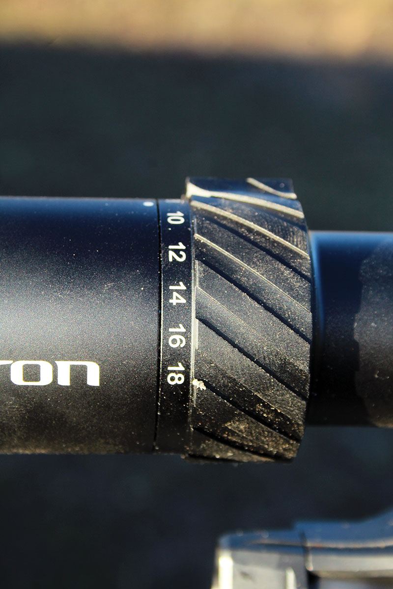 The knurling on all control surfaces of the Riton  5 Primal 3-18x 50mm riflescope was quite  aggressive. They are easily manipulated while wearing gloves (which Patrick did while  shooting), but they do create sharp edges.